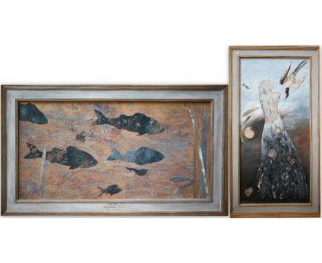Elizabeth Macfarlane - 'Tern', mixed media collage, signed and dated 2002, 120 x 77 cm to/w 'Eclipse on golden pond', mixed m