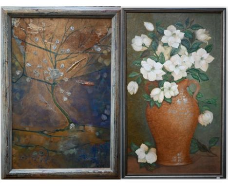 Elizabeth Macfarlane - Hellebores in a lustred vase, oil on panel, signed, 121 x 70 cm to/w flowering branch with bees, mixed