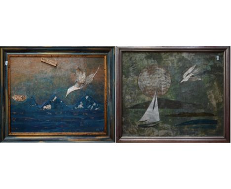 Elizabeth Macfarlane - 'Sailing by', mixed media appliqué, 49.5 x 60 cm to/w 'All at Sea', mixed media, signed with initials 