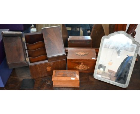 A Victorian mahogany stationery box with marquetry armorial shield, 31 x 25 cm to/w a Sheraton period tea caddy with shell ma