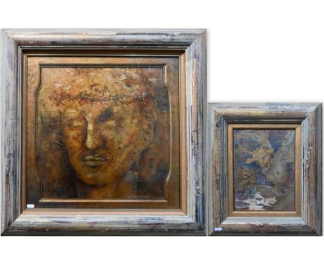 Elizabeth Macfarlane - 'Over the Moon', mixed media linen and feathers on board, 28 x 20.5 cm to/w Portrait with crown of tho