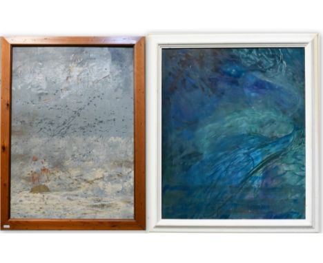 Elizabeth Macfarlane - 'Flight to Australia', mixed media, 69 x 49 cm to/w blue abstract oil on board, 66 x 55 cm, signed wit
