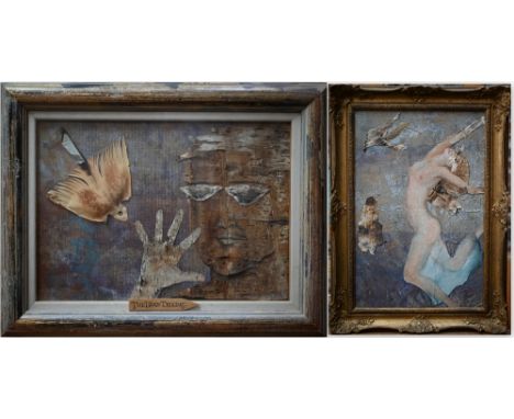 Elizabeth Macfarlane - 'The Bird Telling', Shades, mixed media, signed with initials, 42 x 59 cm, hand-finished frame, to/w F