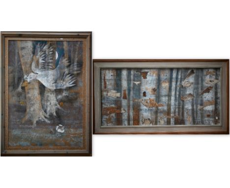 Elizabeth Macfarlane - 'Passing thoughts', mixed media, feathers and birch, 57 x 120 cm, signed to/w abstract dove and woods,