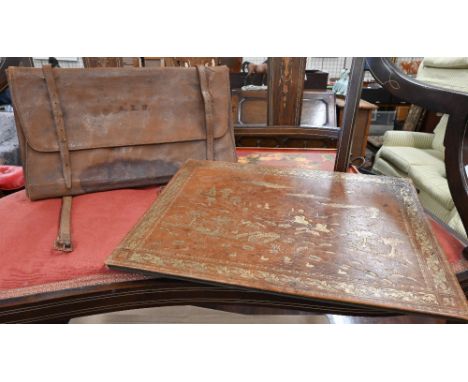 A leather-covered blotter-pad with gilt-tooled hunting scene, 50 cm wide, to/w a leather attache-case with expanding concerti