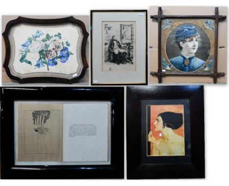 Mixed pictures including overpainted print of a lady, botanical print etc (6) 