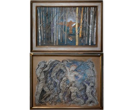 Elizabeth Macfarlane - Dancing figures, mixed media, signed with initials, 60 x 78 cm to/w Eagle amongst birches, mixed media
