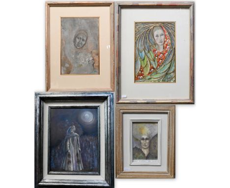 BH - 'Ode to a nightingale', oil on board, signed with initials, 40 x 29 cm; two other stylised portrait studies and angel in
