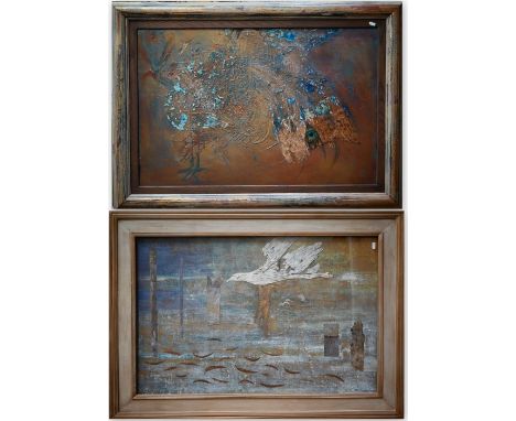 Elizabeth Macfarlane - 'Over the water', mixed media and birch bark, signed, 58 x 89 cm to/w mixed media abstract, hand-finis