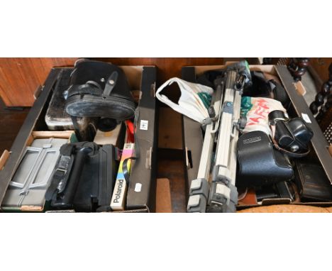 Various cameras and accessories including Polaroid Mini portrait, tripods etc., Prinz binoculars etc (2 boxes) 