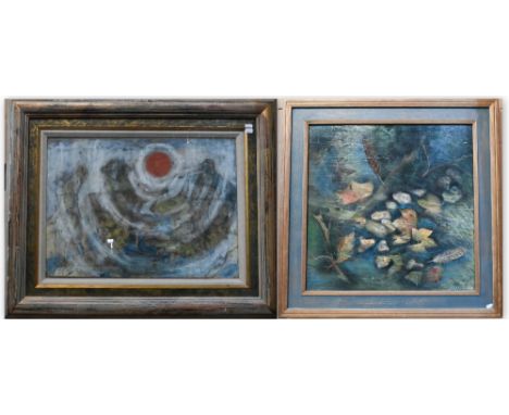 Elizabeth Macfarlane - Autumn leaves and feathers, oil on board, signed, 59 x 59 cm to/w 'Creation/Flight', mixed media, 43 x