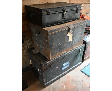 Two vintage black tin trunks to/with a steel bound trunk and a black tin box (4)&nbsp; 
