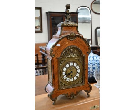 A German inlaid kingwood mantel clock with three-train movement, 61 cm high 