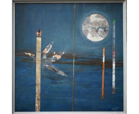 Elizabeth Macfarlane - 'Moon and Sea', mixed media, signed with initials, 88 x 88 cm 