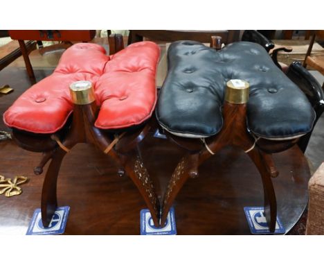 Two Egyptian camel-saddle stools with padded cushions and bone inlay 