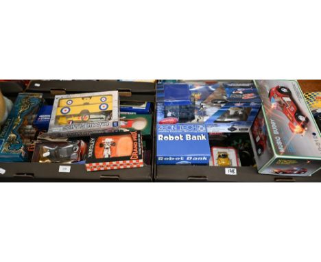 Two boxes of mostly boxed model vehicles and other toys 