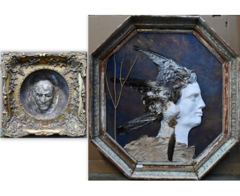 Elizabeth Macfarlane - A collage portrait profile study, 48 x 44 cm to/w a three-dimensional study of King Lear, 26 x 26 cm f
