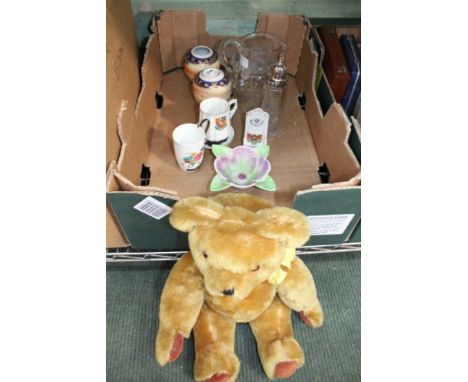 A BOX CONTAINING A SELECTION OF DOMESTIC GLASSWARE &amp; PORCELAIN together with a golden plush growler teddy bear 