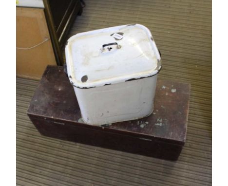 A WOODEN TOOLBOX CONTAINING SMALLER BOXES OF TOOLS together with a part enamelled bread storage bin 
