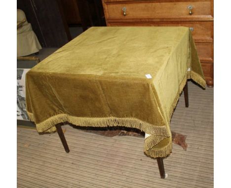 A FOLDING SQUARE TOPPED CARD TABLE with tasselled fringed cover 