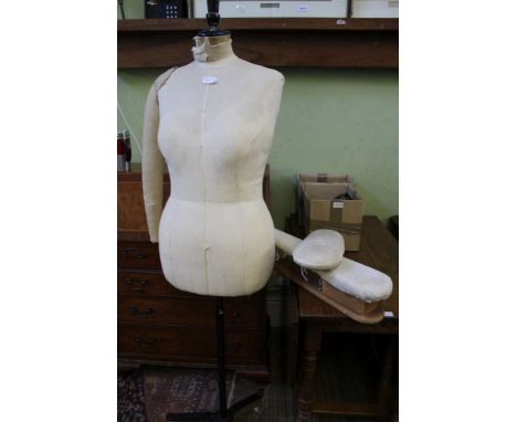A VINTAGE DRESS MAKERS MANNEQUIN together with two ironing pads 