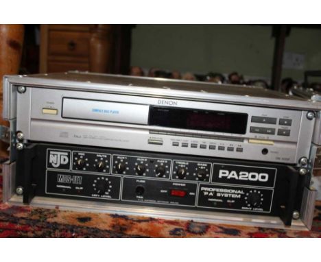 A FLIGHT CASE CONTAINING A DENON CD PLAYER AND AN NJD 200W PA AMPLIFIER 