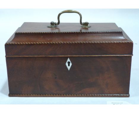 A Regency mahogany three division tea caddy, the pagoda top with chequered banding and gilt brass swan neck handle. 9½' wide