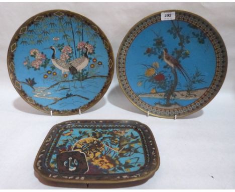 Two Japanese cloisonne enamel chargers, 12' diam and a rectilinear example 10' wide
