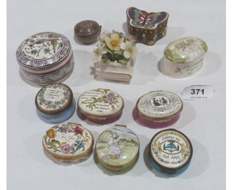 Six Bilston enamel boxes and other small boxes