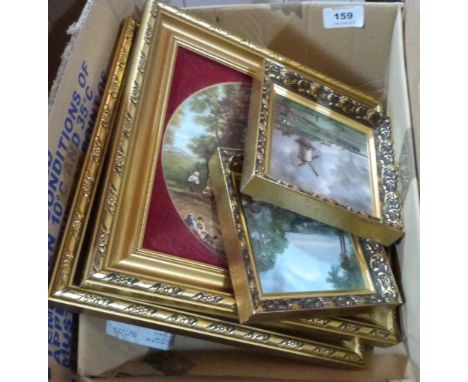 Two pairs of framed Staffordshire enamel landscape plaques