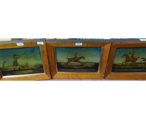 A set of three hunting reverse glass prints