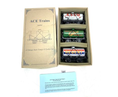 Ace Trains Vintage Style 0 Gauge Tanker Set, Set 2 inc. Esso (Grey), Wakefield Castrol Motor Oil &amp; Regent, boxed