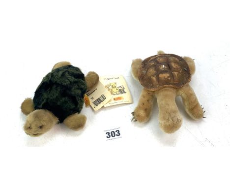 Steiff turtle 6" long and unnamed turtle with rubber shell 7" long