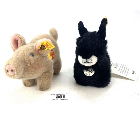 Steiff Piggy 5" long and Steiff black rabbit 5" long