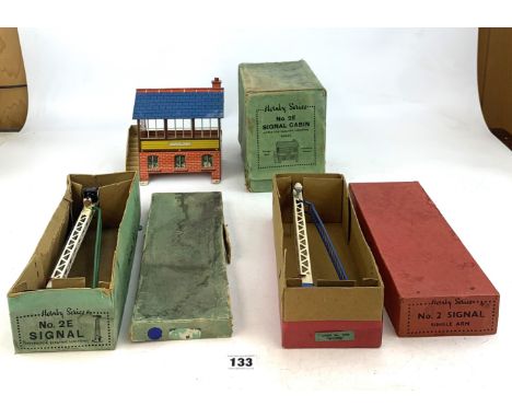 3 Hornby 0 Gauge signals - 1 x no. 2 Single Arm Signal, 1 x no. 2E Signal fitted for electric lighting and 1 x no.2E Signal C