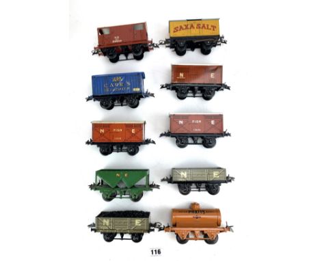 10 Hornby 0 Gauge tinplate models - 2 plank wagons, vent van, 2 fish vans, hopper wagon, salt wagon, biscuit van, brake van &