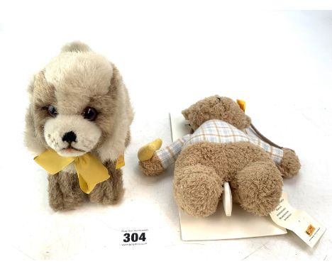 Steiff dog 8" long and Steiff baby teddy 8" long