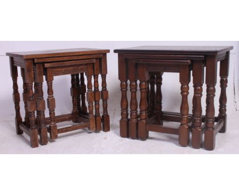 2 vintage 20th century graduating oak nests of tables both raised on turned supports