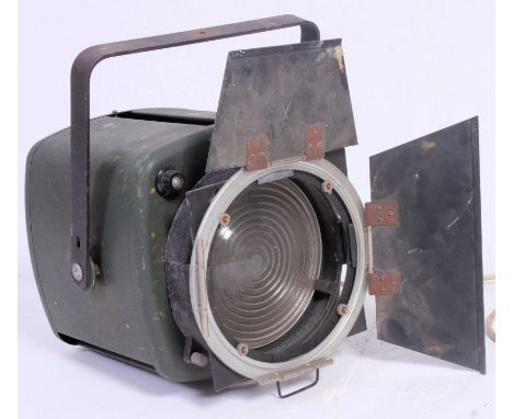 A  vintage 1950's theatre / Industrial Strand light complete with barn doors and handle atop. H27 x W27 x D35 cm 