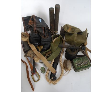 A pair of military issue high top Hob Knob boots, Military machete with crows foot, webbing etc