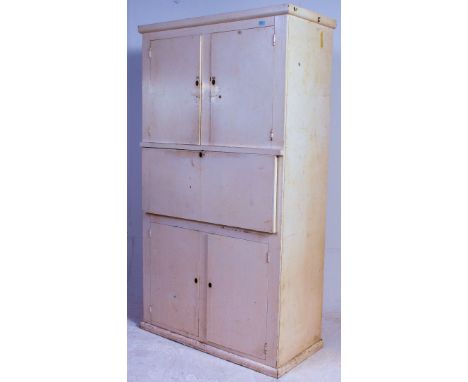 A vintage 1950`s painted kitchen larder cupboard with fall flap front with built in safe and working locks. H186 x W1104 x D4