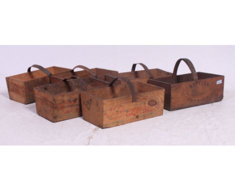 A collection of six vintage field workers trugs, many still retaining original advertising