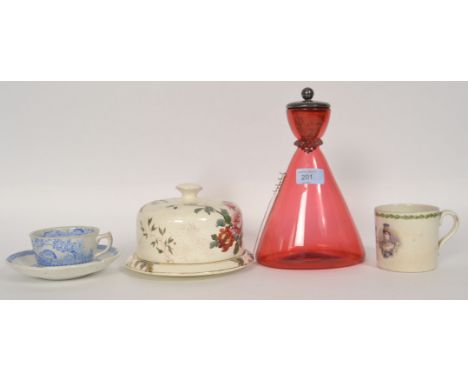 A collection of vintage and Victorian ceramics and glass, to include a Cranberry glass decanter with a silver plated cork sto