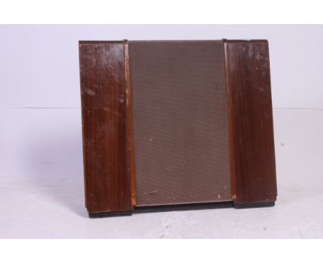 A vintage floor standing wooden cased Wharfedale speaker having a metal mesh finish. H77 x W88 x D30 cm 