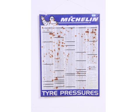An original vintage Michelin Tyres tin advertising garage sign, detailing various tyre pressures for vehicles.