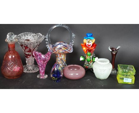 A collection of assorted studio glass to include Dartington Frank Thrower art vase, end of day basket, cut glass and ruby ove