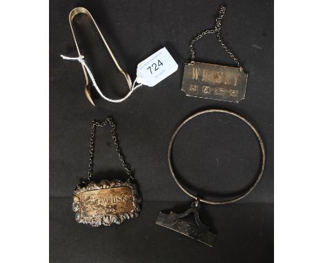 A collection of hallmarked silver items to include three decanter bottle labels (two marked Whisky, the other Vodka) along wi