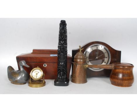 A mixed lot to include Islamic pourer. tea caddy, brass sun clock, Smith clock etc