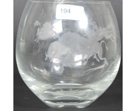 A Caithness glass crystal decorative bowl, with etched Buffalo design, with makers marks to base