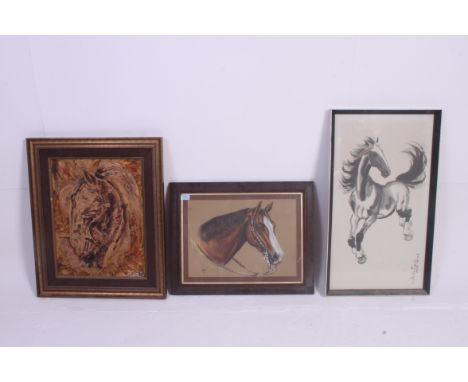 A 20th century Chinese print of a horse with signature, along with a retro goache painting of a horse and a portrait study si